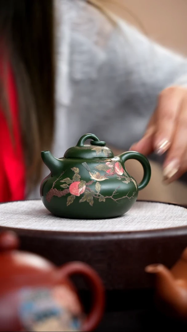 【闪购商品】紫砂茶壶民国绿葫芦壶泥绘桃