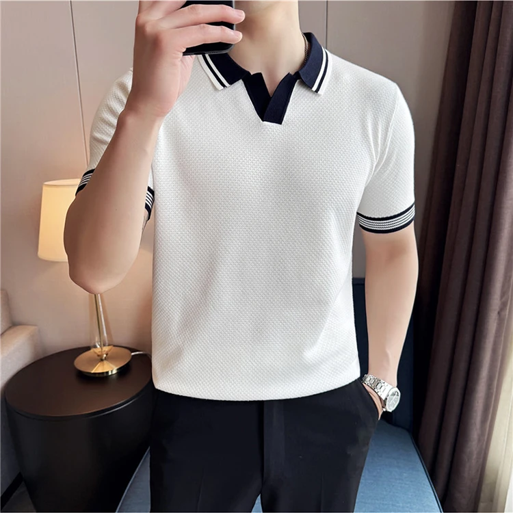 2025夏季时尚简约翻领t恤上衣休闲男装短袖翻领撞色T恤潮流条纹