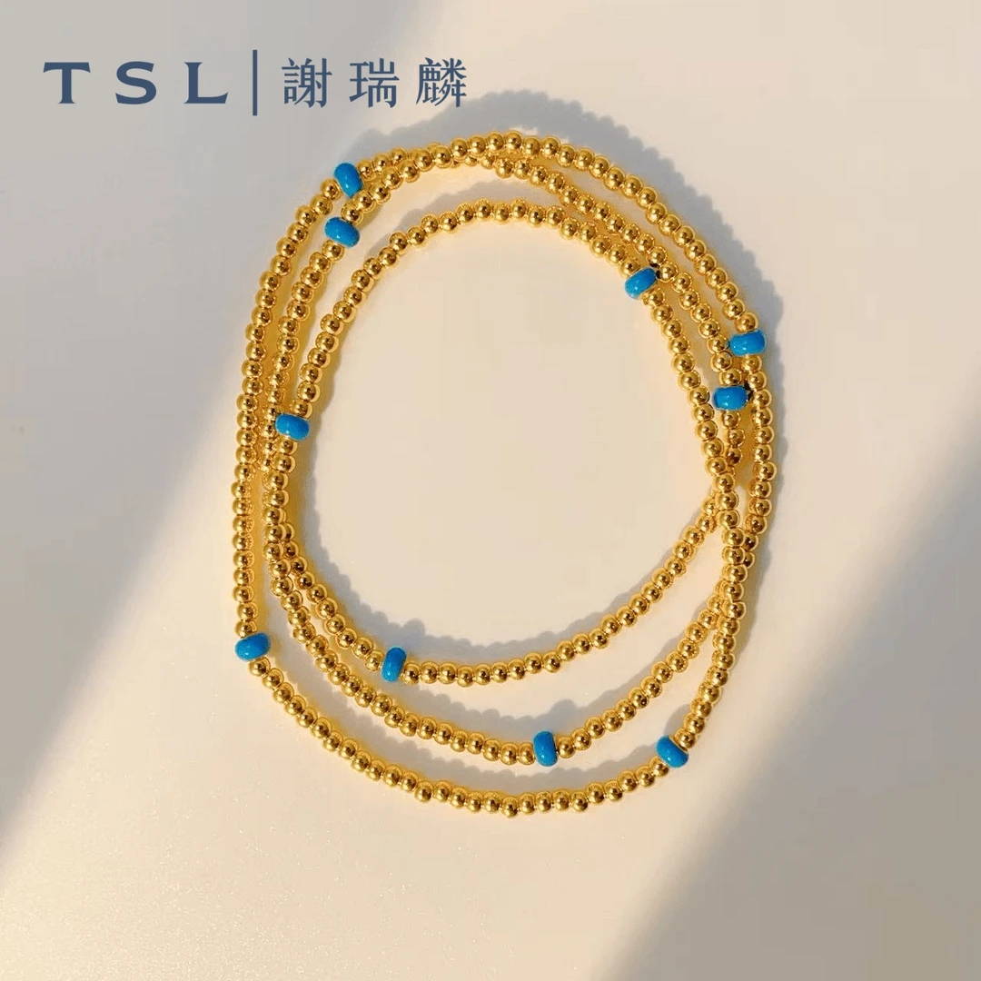 TSL/谢瑞麟足金珐琅三圈金珠手串5D黄金时尚生日礼物送女友