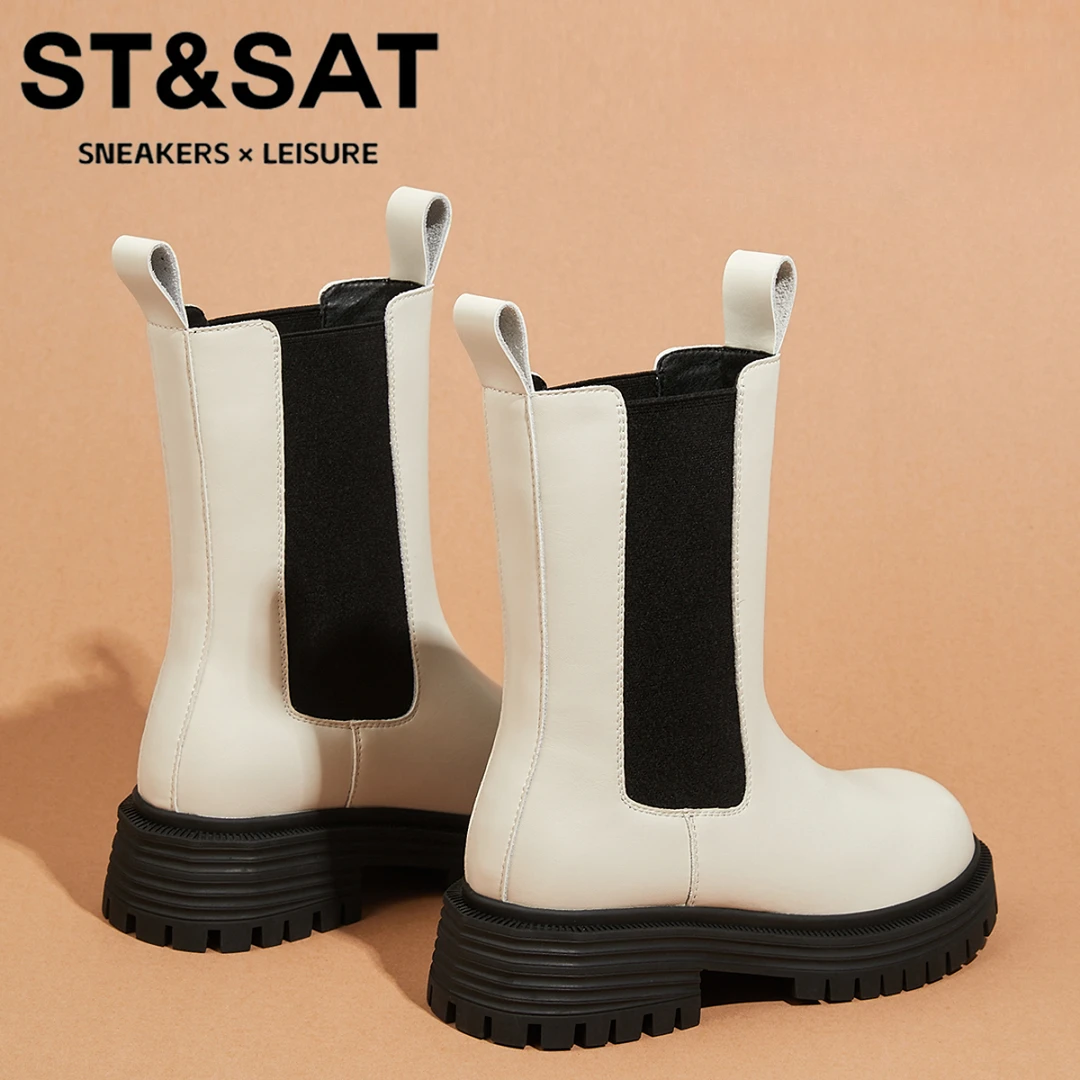 星期六琥珀流光真皮弹力靴女士纯色百搭瘦瘦靴2025新款加绒马丁靴