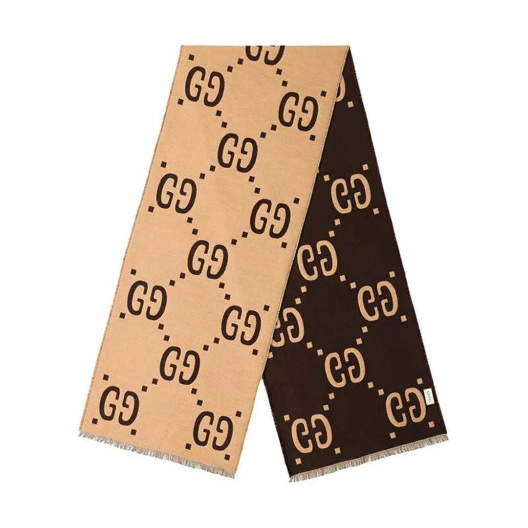 GUCCI古驰 双G提花绒线围巾 男女同款棕色/米色495592-4G350-2179