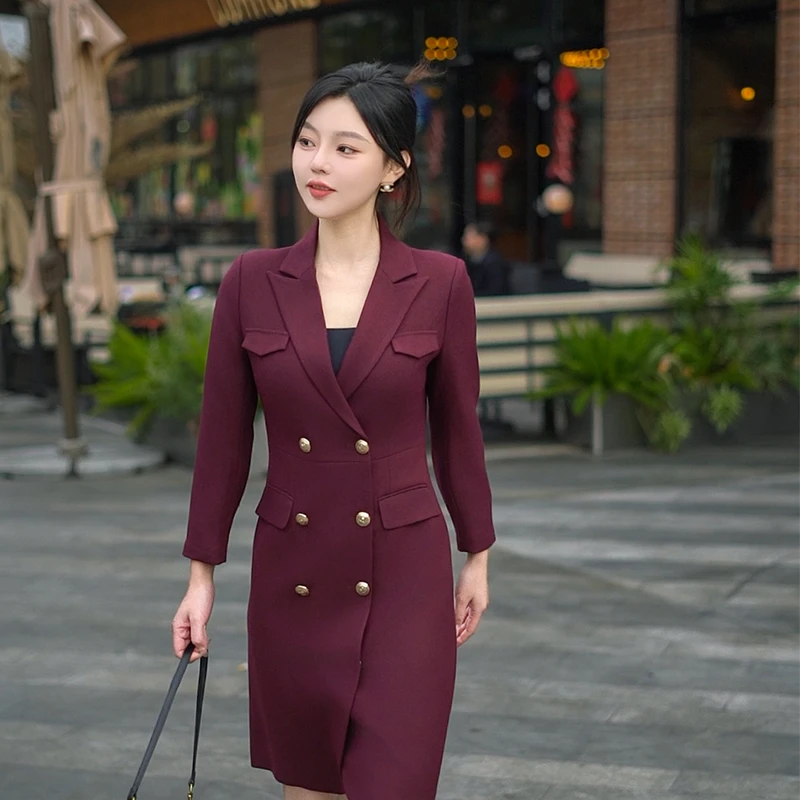 春秋安可拉红西装领职业连衣裙女气质正式场合面试高端工作服