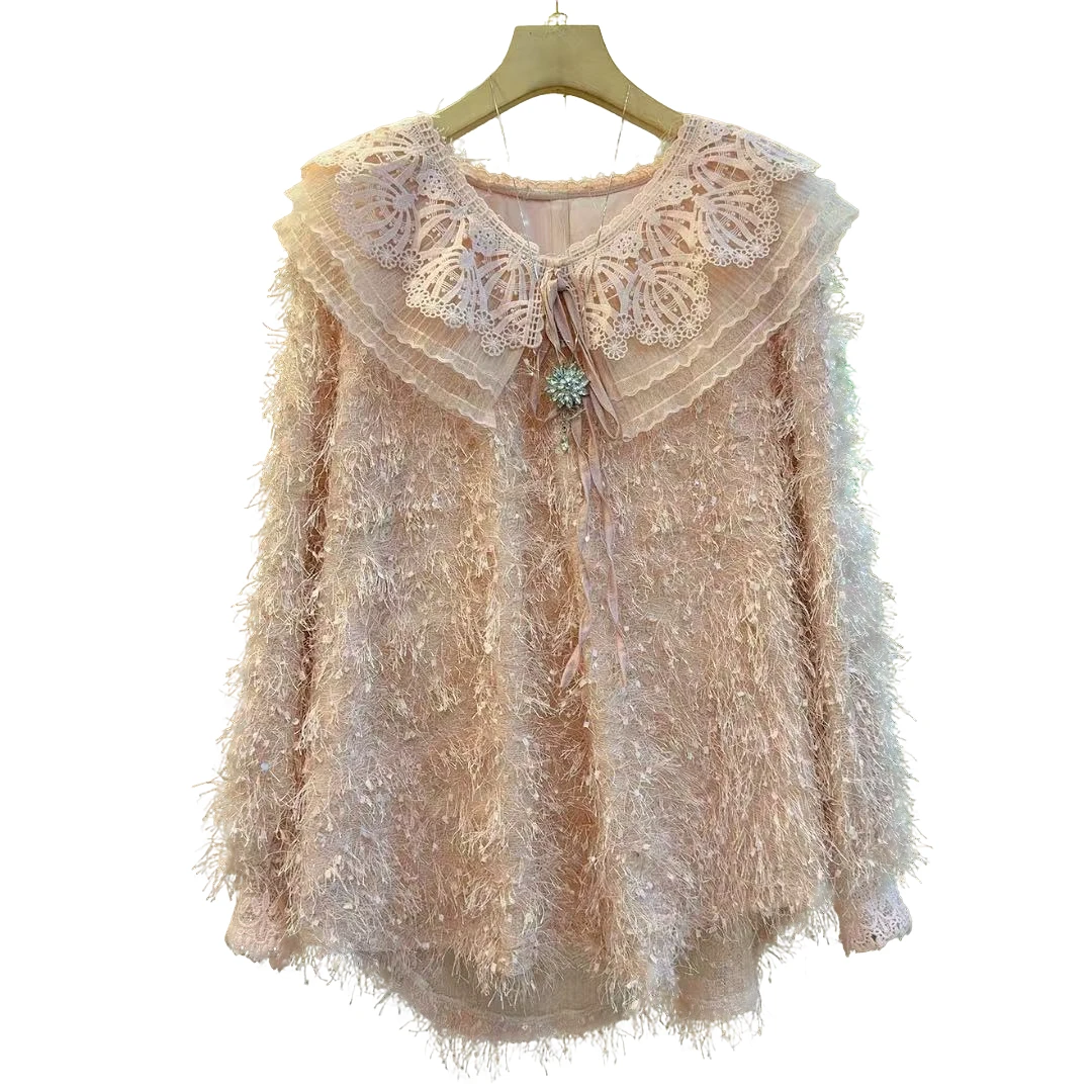 韩版拼接荷叶领减龄时尚气质显瘦上衣