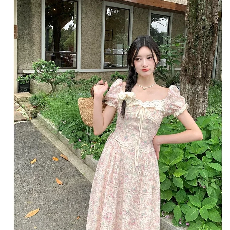 粉色碎花公主连衣裙子女夏季2025新款法式温柔风气质收腰长裙3342