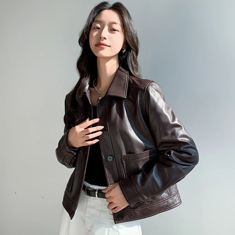 海宁2025春季新款真皮植鞣绵羊皮皮衣女短款修身显瘦皮夹克外套