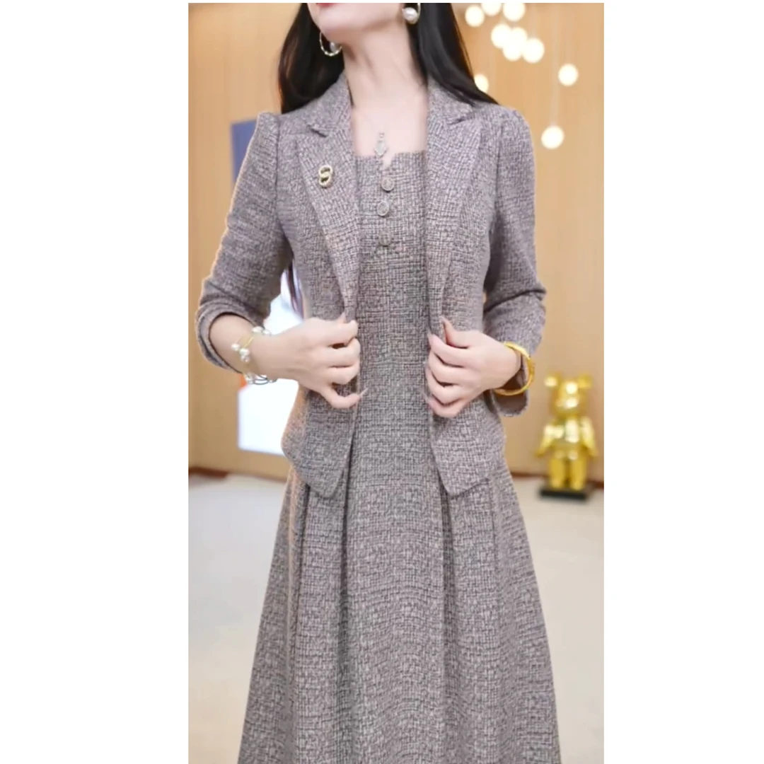 复古休闲秋季新款奢华时尚套装过膝气质连衣裙A001#