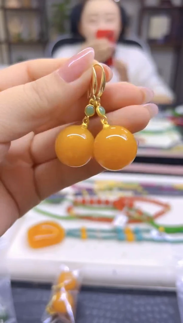 蜜蜡14K金镶嵌耳饰DIY款E893