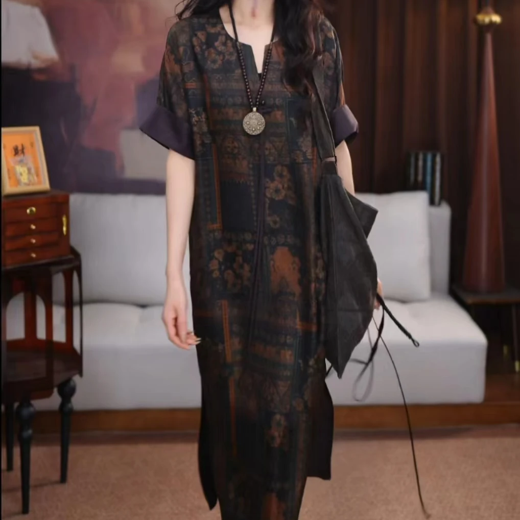 【久凤】香云纱长款百搭时尚宽松春夏清凉气质新中式国风连衣裙