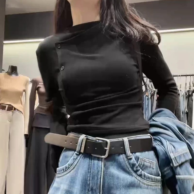 【酷感斜扣】磨毛冬款显瘦时尚不规则设计感长袖T恤上衣LK2509119