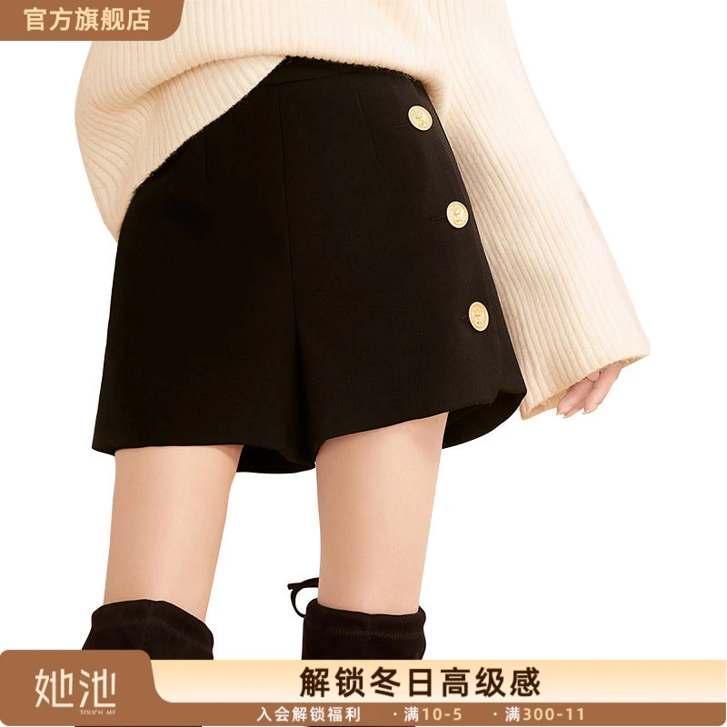 2025秋装新款女士显瘦简约气质金属扣高腰加厚毛呢裤S13R9109K