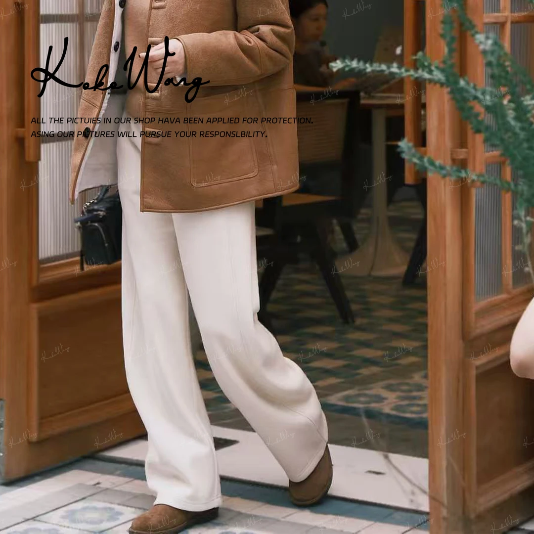 KOKO WANG秋冬极简风松紧高腰垂感加绒加厚弹力休闲裤N2405J29K41