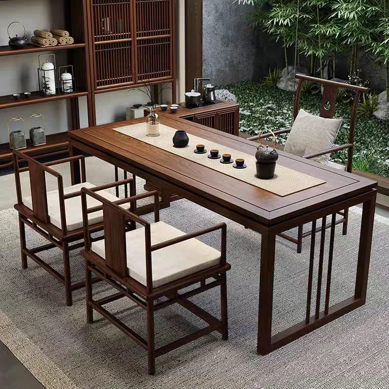 新中式实木茶桌椅组合禅意老榆木功夫茶台办公室泡茶桌茶室茶桌