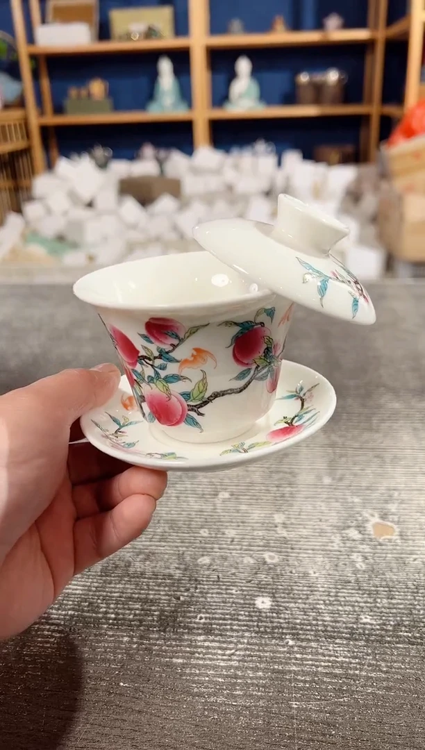 【闪购商品】其他羊脂玉瓷九桃悬停三才盖碗