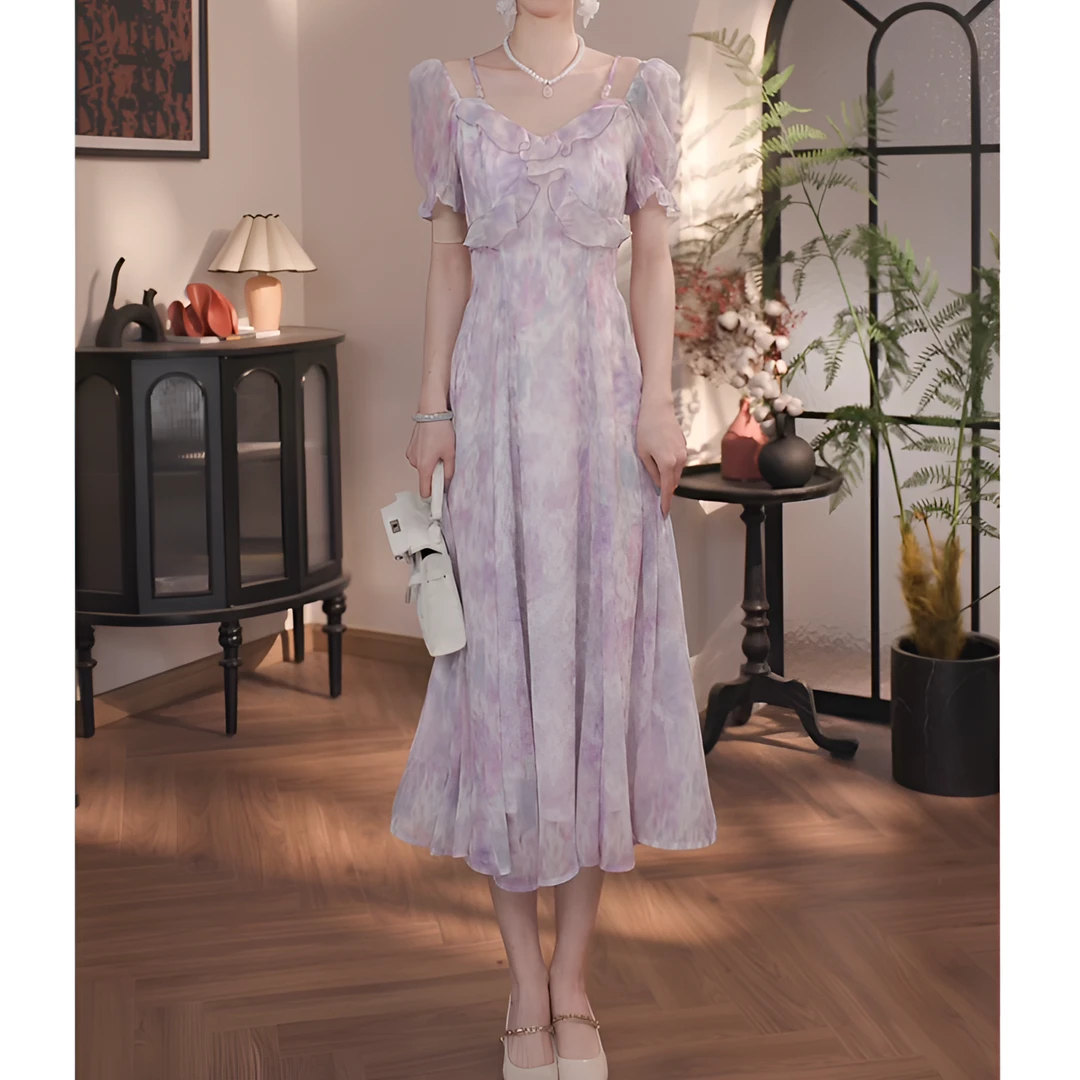 薇宝儿塔塔-2025夏季新款法式气质紫色碎花连衣裙仙女裙53142K