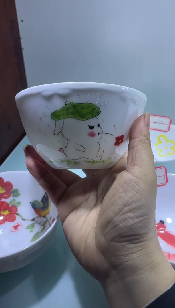 碗年终大促 两个装景德镇高温白玉瓷釉下彩手绘4.75英寸碗W11