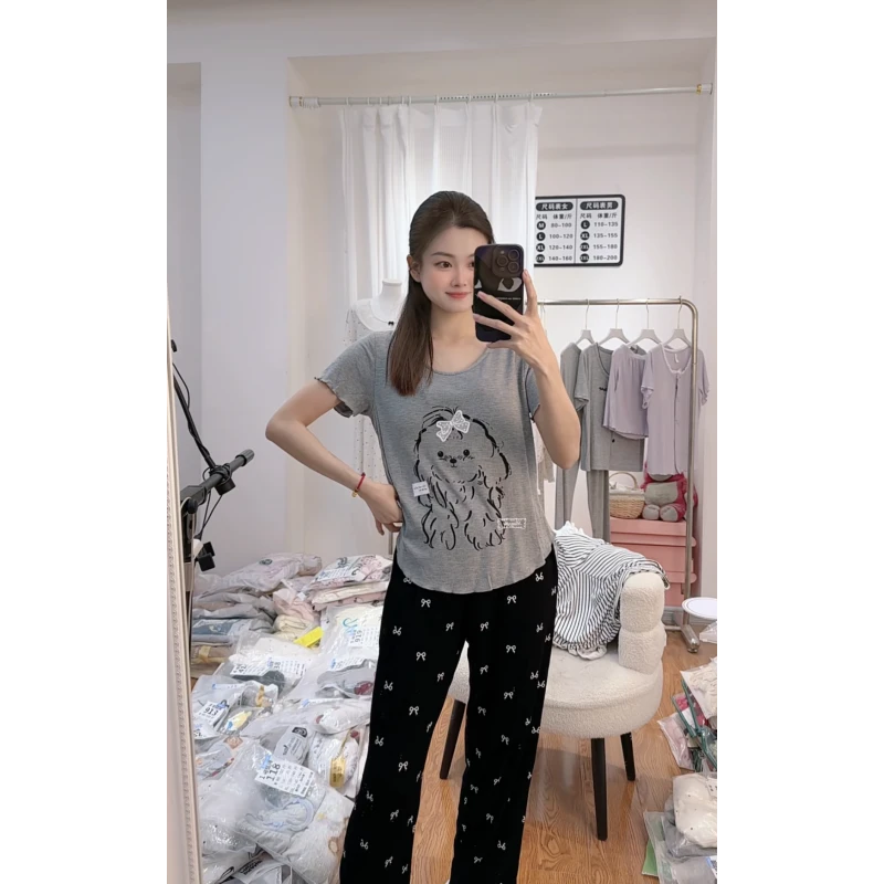 卷毛修狗短袖带胸垫夏季女可外穿家居服套装睡衣女款爆款2025新款