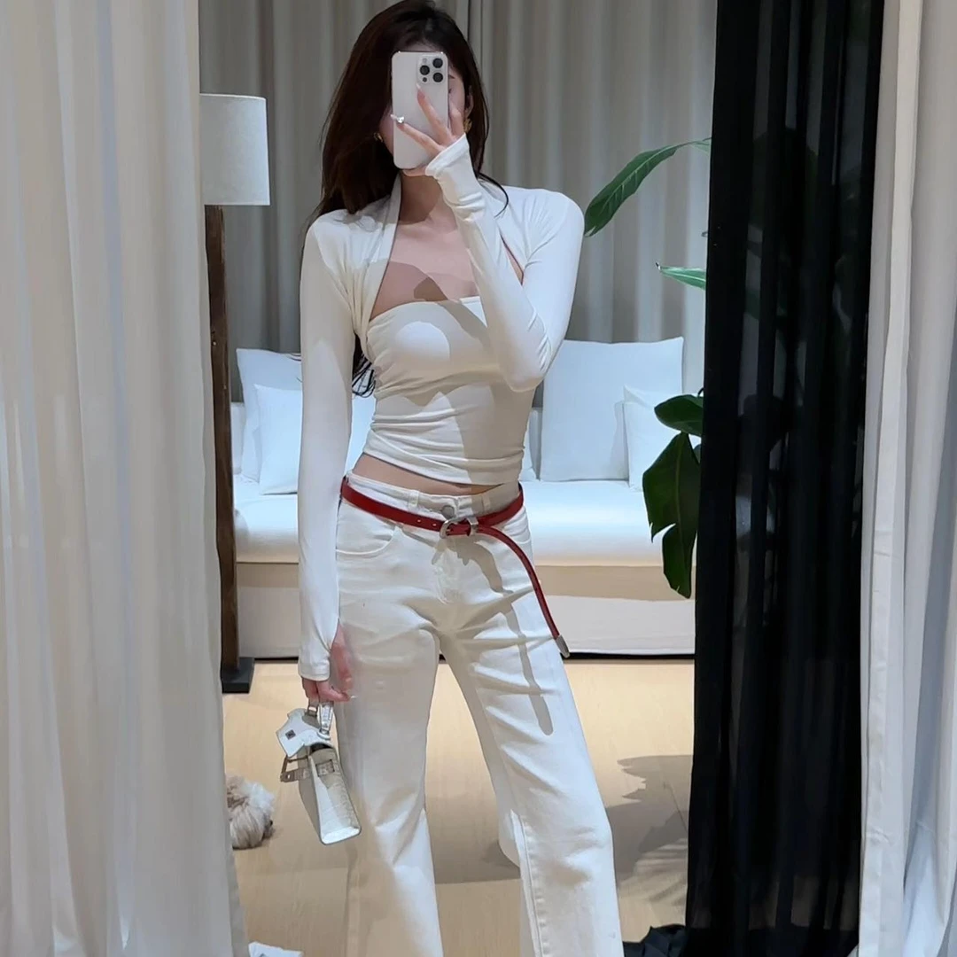 韩系纯欲甜辣妹假两件长袖T恤女冬季气质修身显瘦上衣百搭长裤子