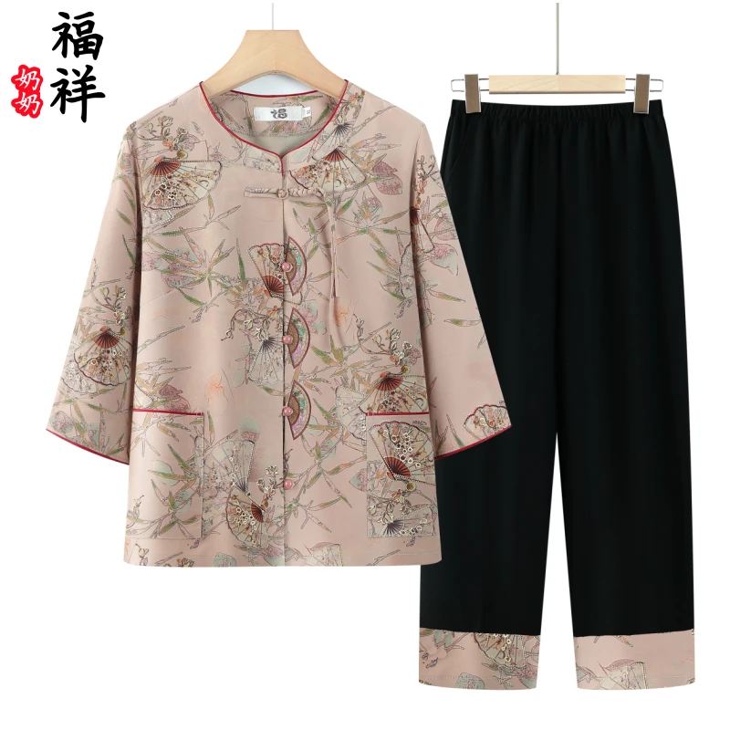 中老年夏季国风妈妈装两件套老人宽松奶奶装薄款清凉气质高端夏装