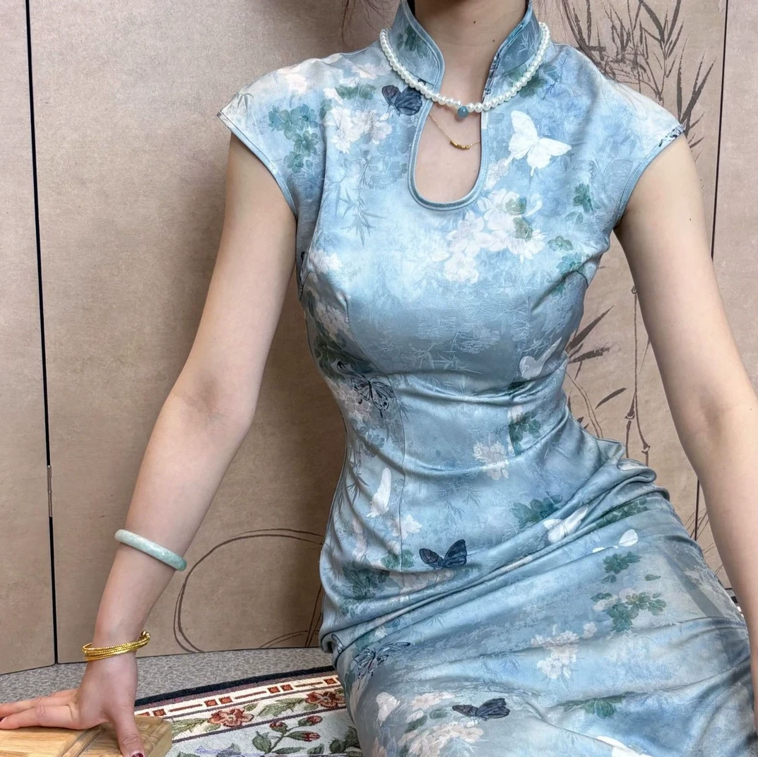 【水蓝梦】新中式国风2025新款夏季面连衣裙复古独特绝美修身旗袍