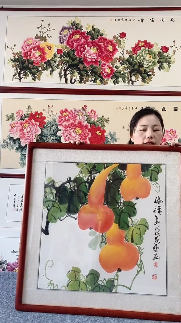 国画手绘国画65*65带框装饰画