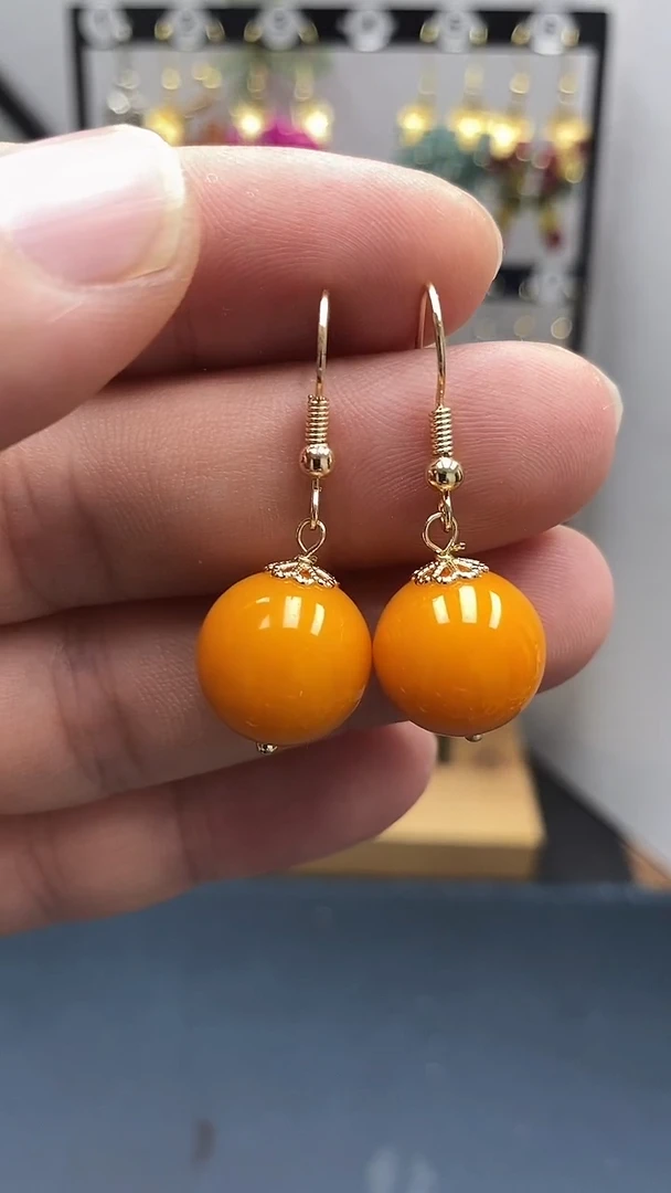 银S925镀金镶嵌蜜蜡耳饰尺寸14mmC3