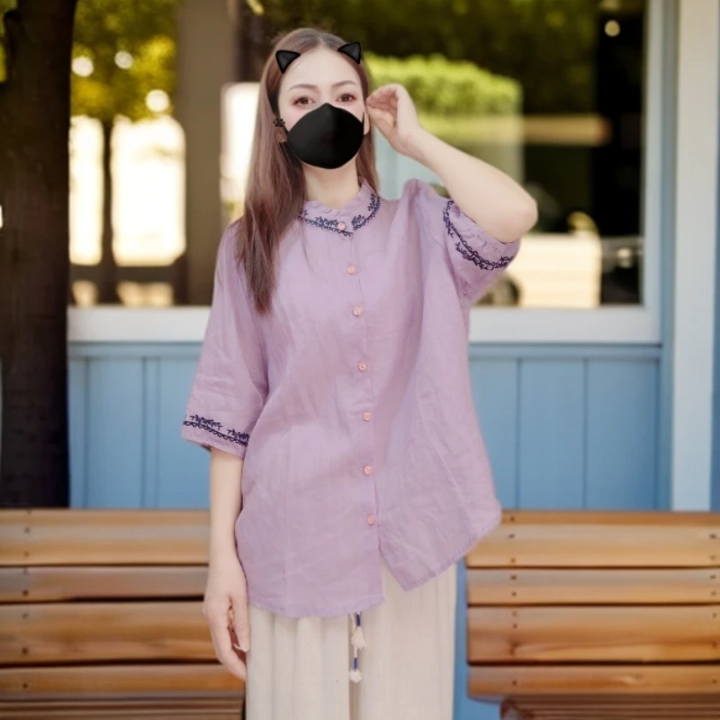 洋气减龄轻薄款夏季女吸汗透气苎麻衬衫宽松大码中袖T恤短袖101