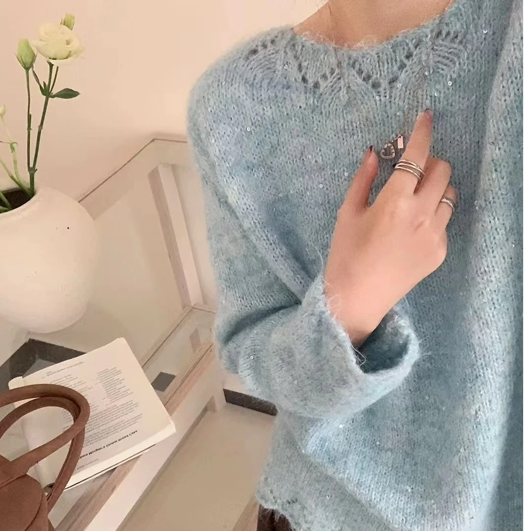 【露水薄荷】春款！勾花镂空韩系毛衣女松弛慵懒风毛衣纯色打底衫