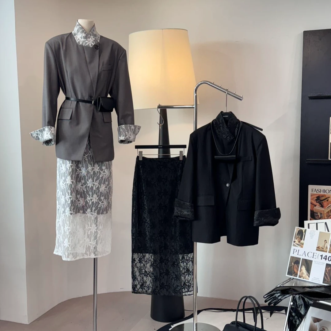 A502+U803蕾丝显瘦气质网红时尚休闲拼接轻奢复古法式套装黑色