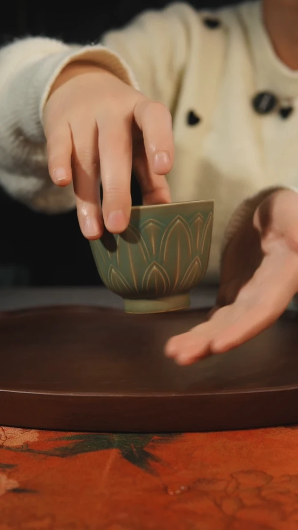 杯子瓷菲****）柴烧莲花瓣杯 汝州原产地原矿仿古老釉