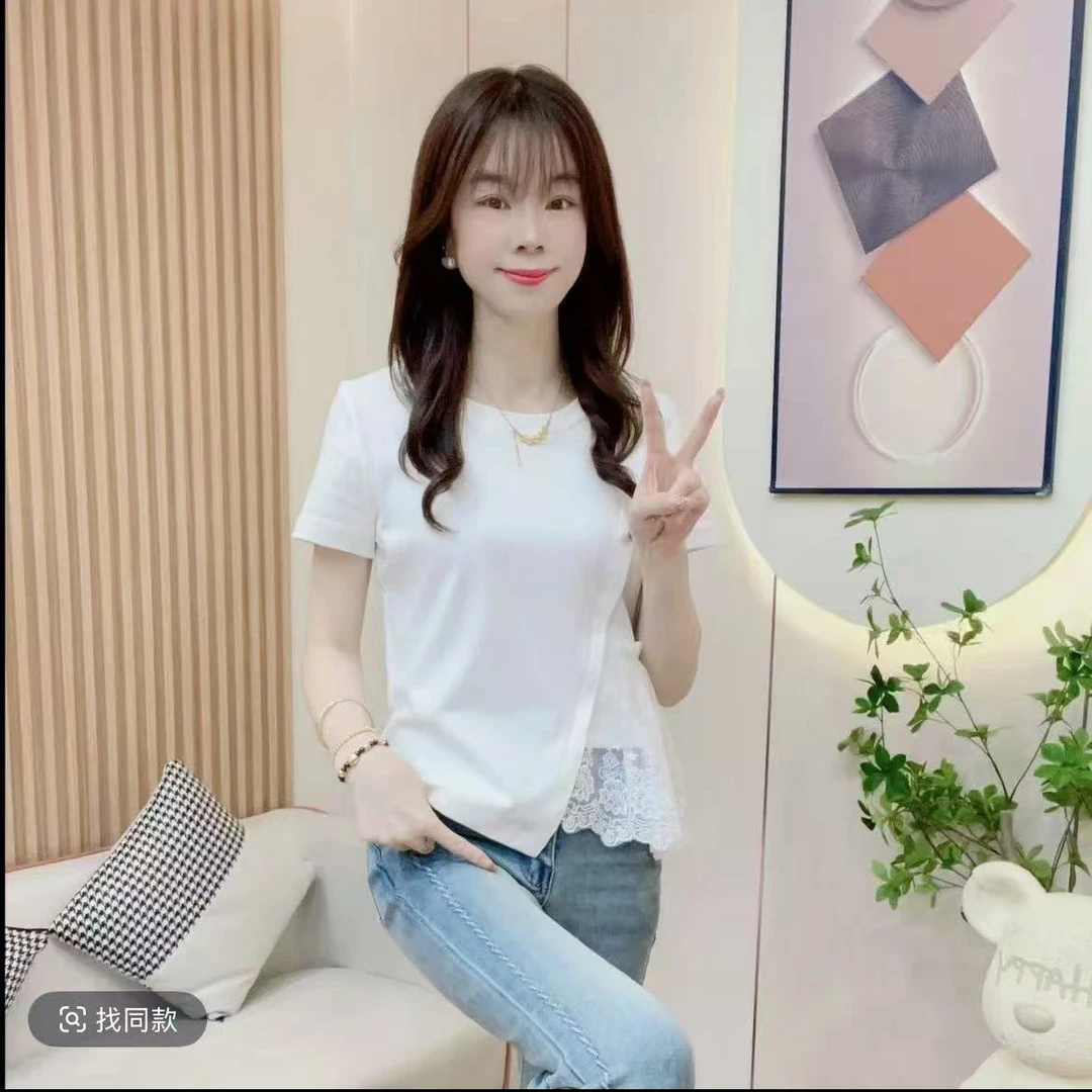蕾丝拼接设计感下摆时尚百搭修身显瘦2025夏季新款女T恤上衣