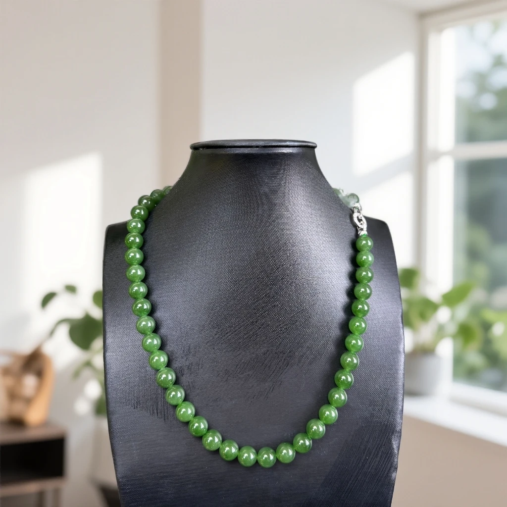 【凤霖珠宝】天然和田玉碧玉9.5-10mm阳绿菠菜绿微矿点妈妈链