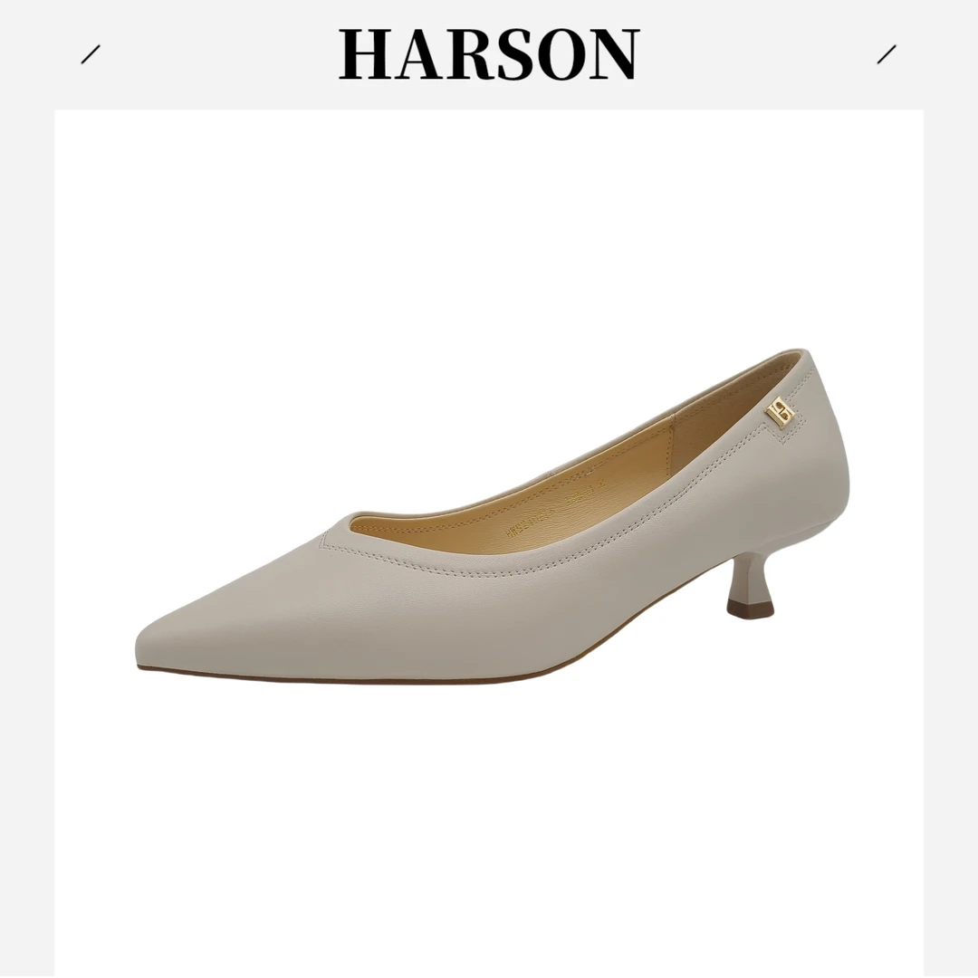 Harson/哈森鞋休闲简约尖头浅口单鞋跟鞋百搭细跟中跟通勤240226