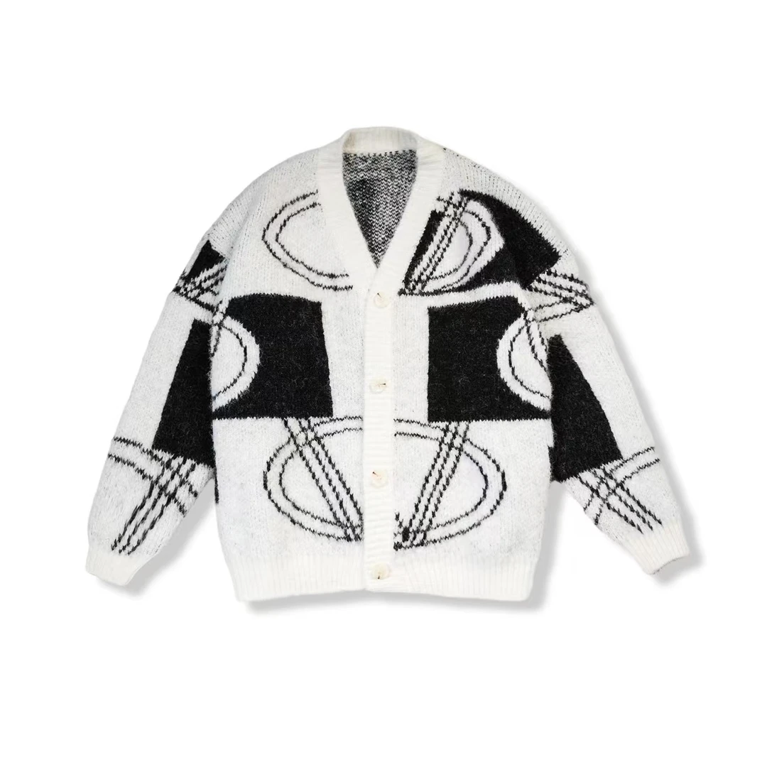 蓝蓝推荐 【几何画板】高级感黑白调慵懒风针织开衫外套 W3090008H