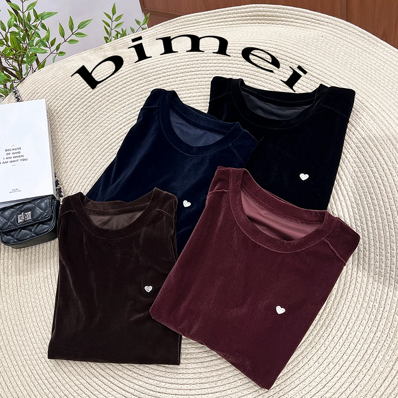 必魅2025新款早秋短袖丝绒T恤纯色韩系黑色时尚上衣大码女装55002