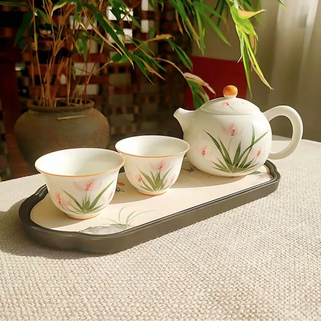 简约中式手绘兰花西施壶一壶两杯带吸水干泡茶盘70704