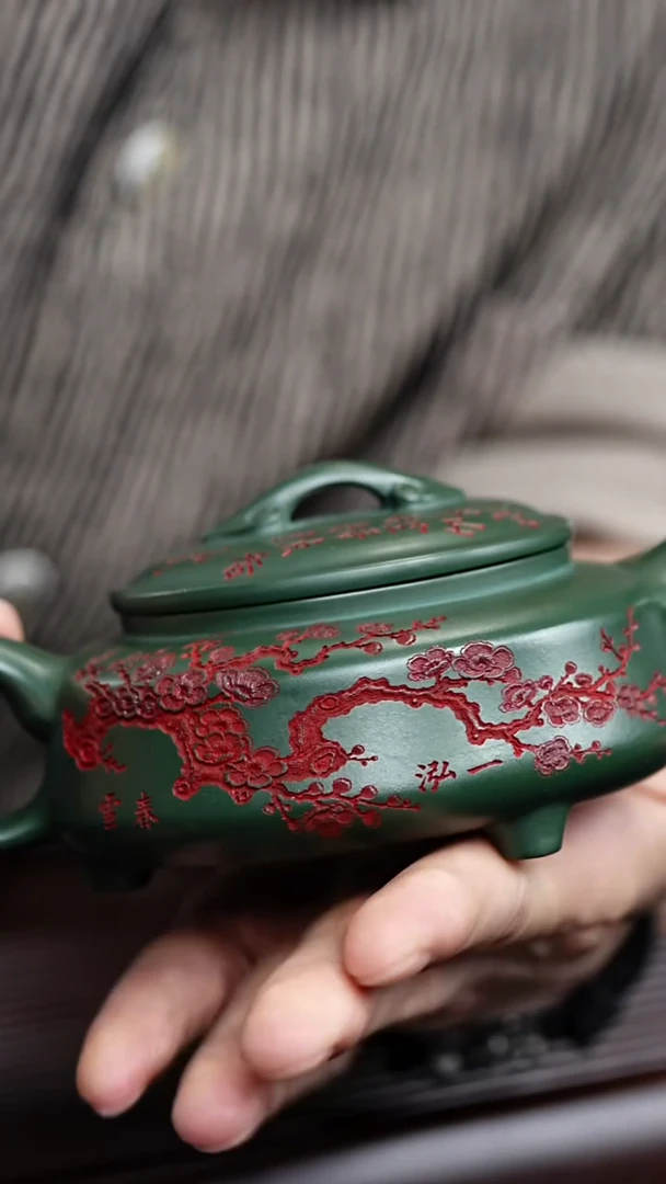 茶壶紫砂宜兴紫砂 双线竹鼓 民国绿泥 梅付春