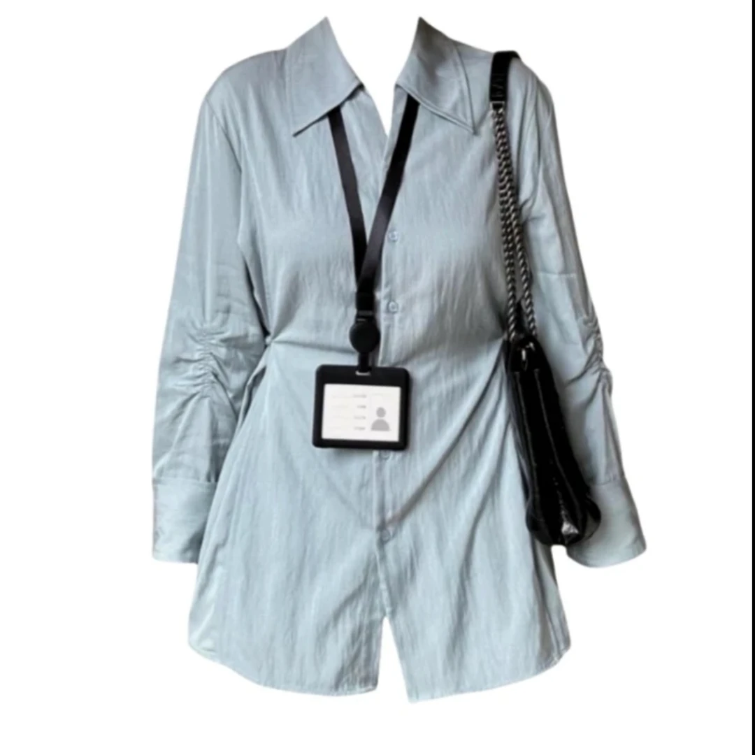 2025年新款四季通用POLO领衬衫设计感收腰显瘦衬衣中长款排扣上衣