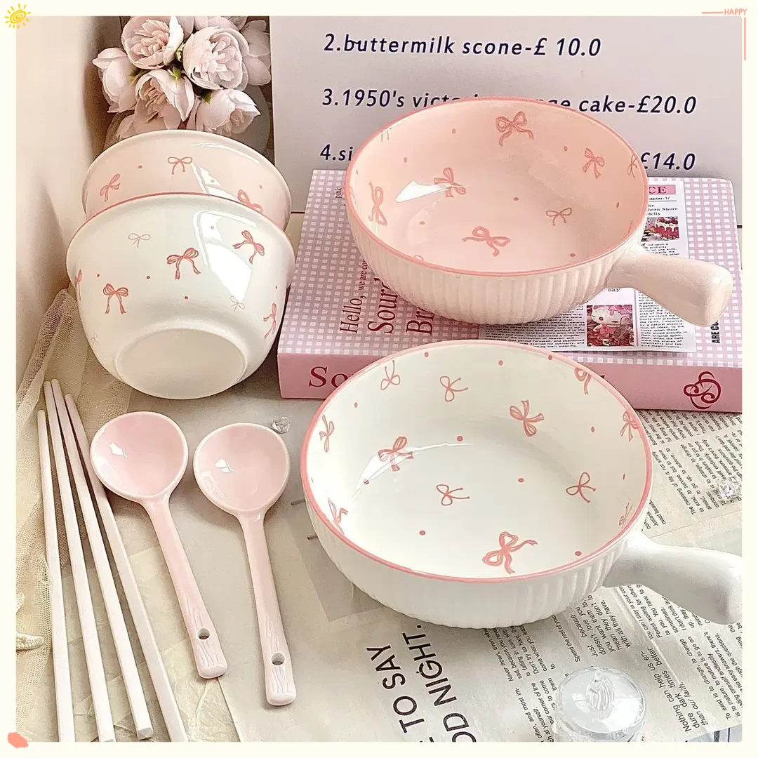 蝴蝶结可爱一人食餐具家用特别好看的碗二人食碗碟套装盘子饭碗