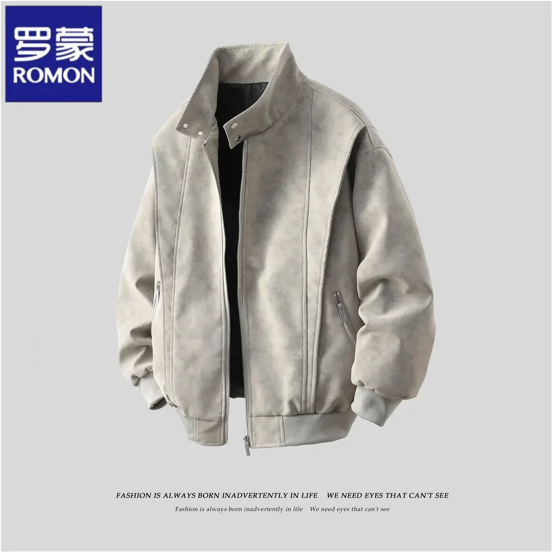 罗蒙夹克男女款春秋季美式复古棒球领休闲宽松美拉德水洗皮衣港风