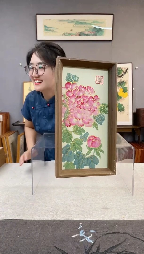 国画手写手绘带框作品-16*29-牡丹