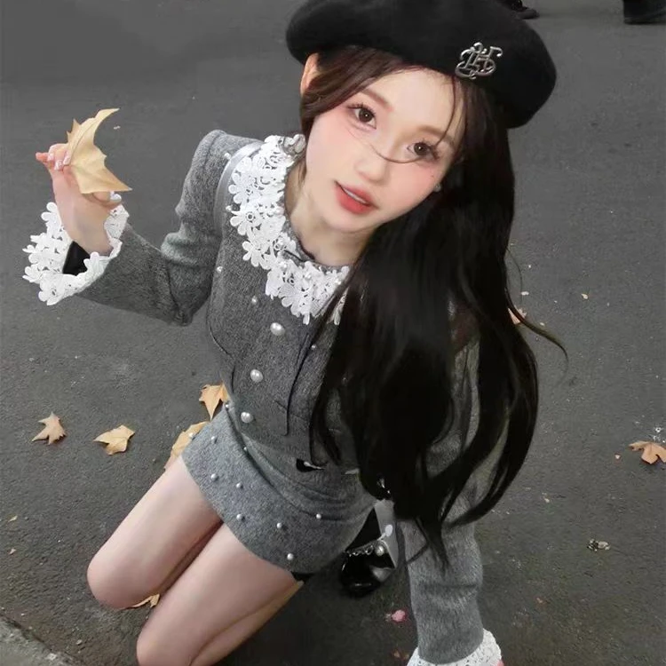 法式千金风短外套女2025新款春季高级感蕾丝时尚两件套套装重工