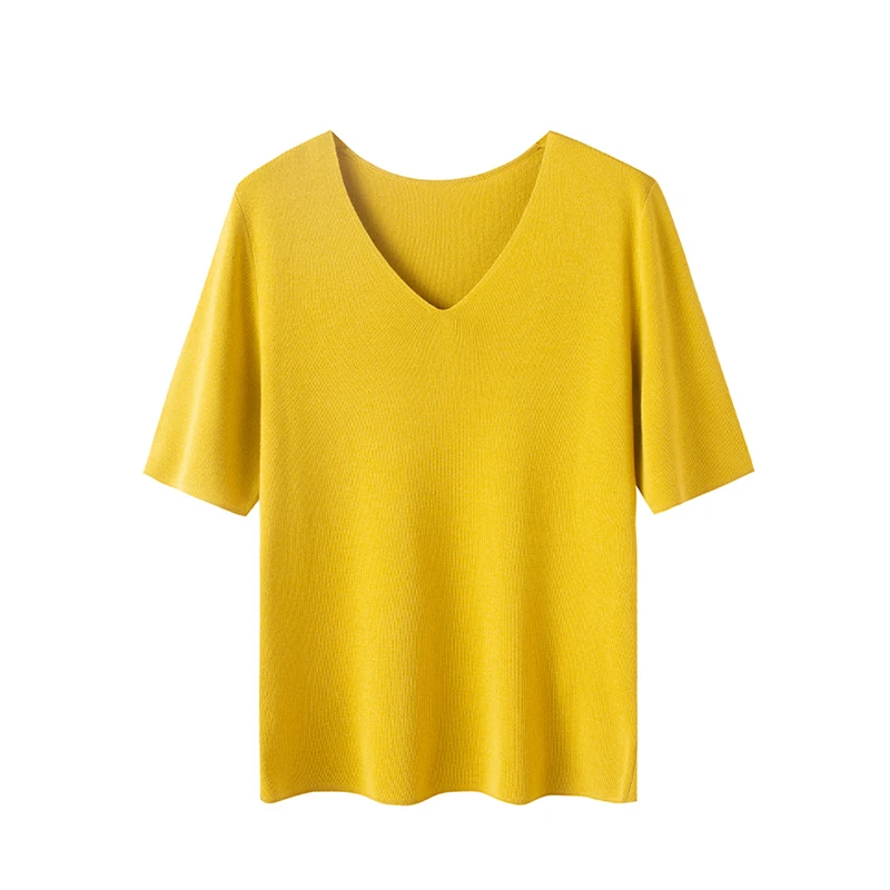 【高品质】数兰朵丝羊绒修身显瘦V领短袖 夏季简约薄款纯色上衣