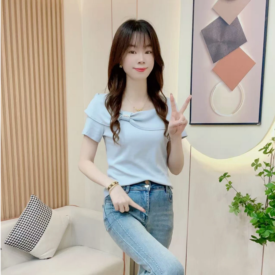 炬雅【翩翩起舞】2025夏季新款时尚洋气百搭蝴蝶结显瘦纯色短袖上衣