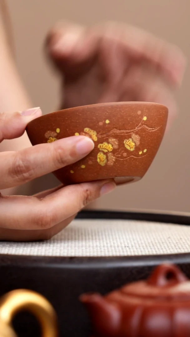 茶壶紫砂琥珀金砂大碗杯彩刻梅花