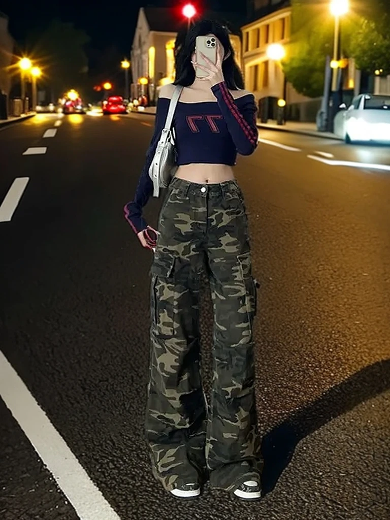 美式复古水洗设计感迷彩工装裤男女宽松直筒多口袋阔腿休闲伞兵裤