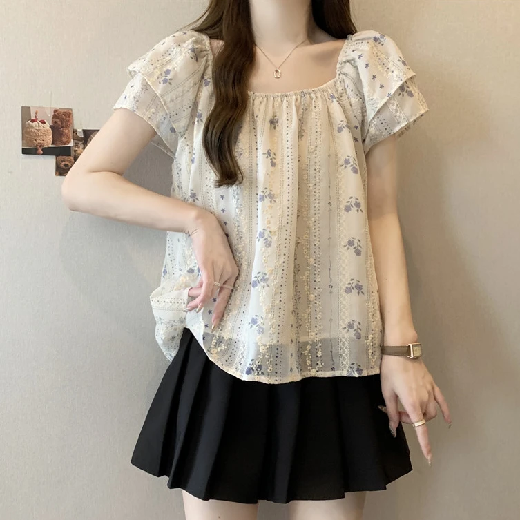 大码法式刺绣镂空短袖衬衫女夏季胖MM宽松显瘦百搭洋气飞飞袖上衣