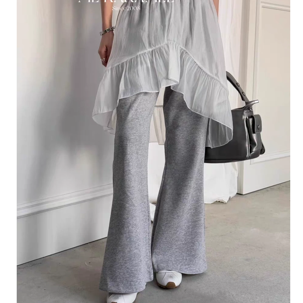 2025春新款韩系松紧腰显瘦蕾丝拼 接假俩件阔腿休闲裤