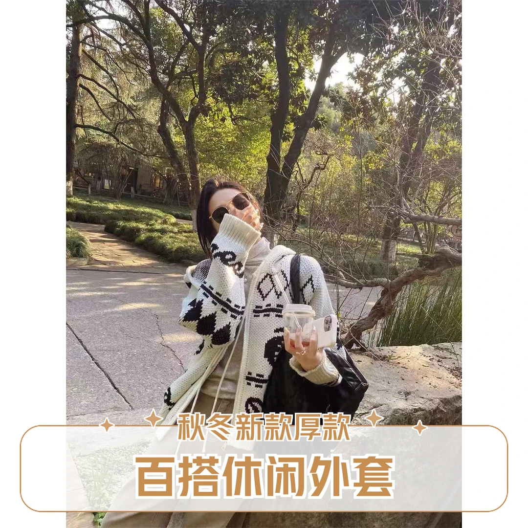秋冬新款费尔岛女韩版宽松时尚条纹连帽开衫百搭休闲拉链衣外套