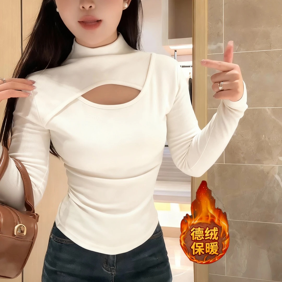 半高领镂空磨毛加绒打底衫女秋冬2025新款设计感长袖t恤修身上衣