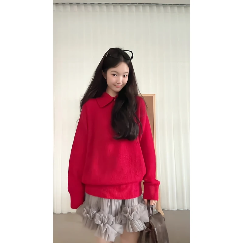 红色Polo领针织衫毛衣慵懒风上衣网纱云朵裙蛋糕蓬蓬裙半身裙短裙